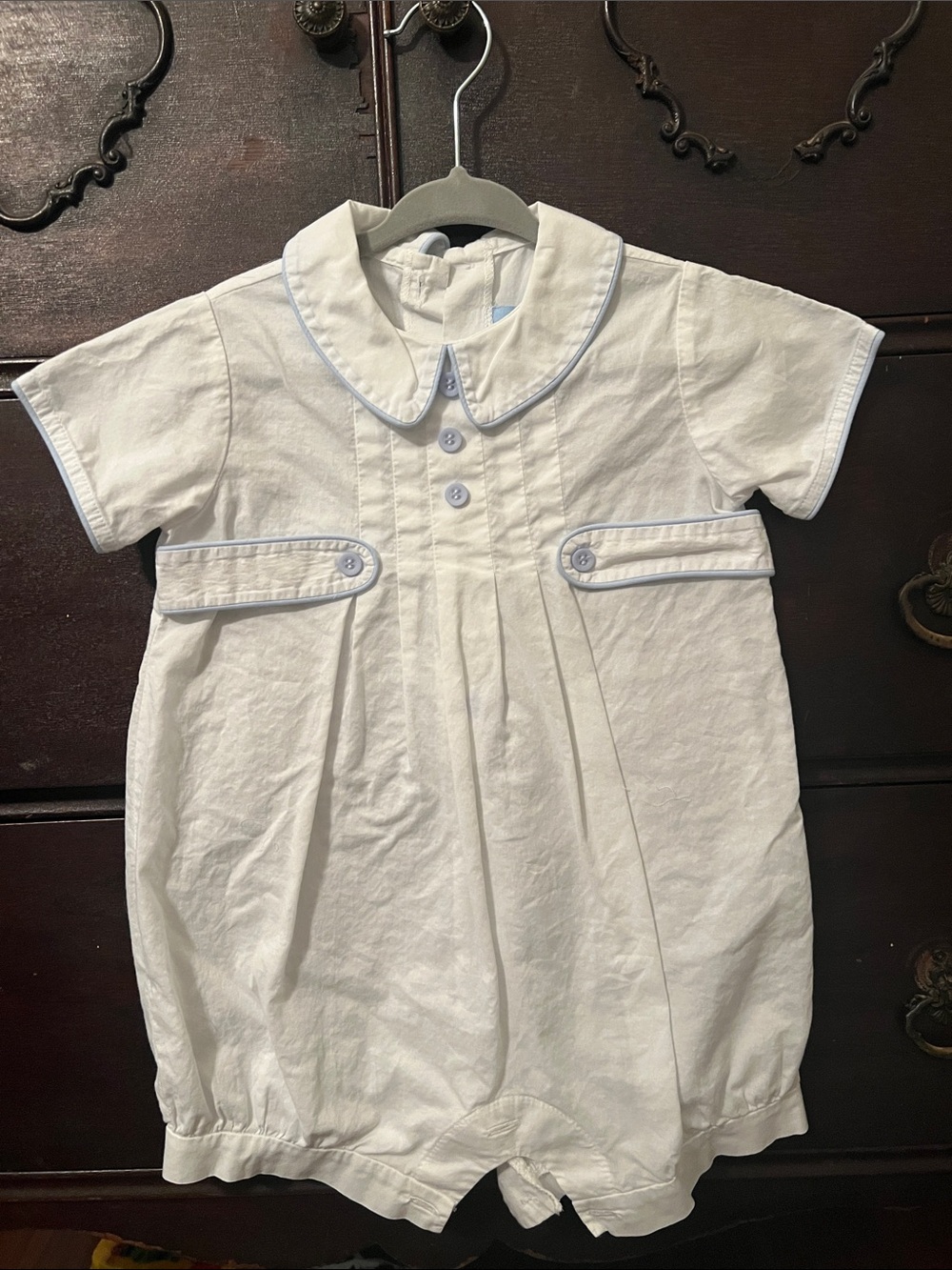 Bella Bliss White Baby Boy Romper with Light Blue Piping 12M